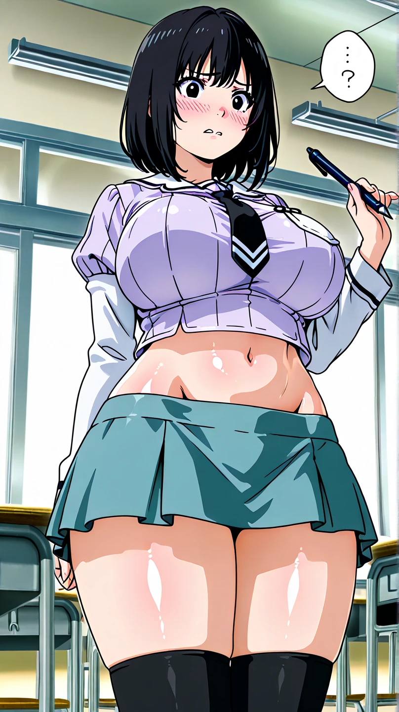 blue pleated skirt, yellow bow, classroom background, kanu unchou, anime cels style, best quality, high resolution, 1girl, (huge breasts:1.2), beautiful face, navel, cowboy shot