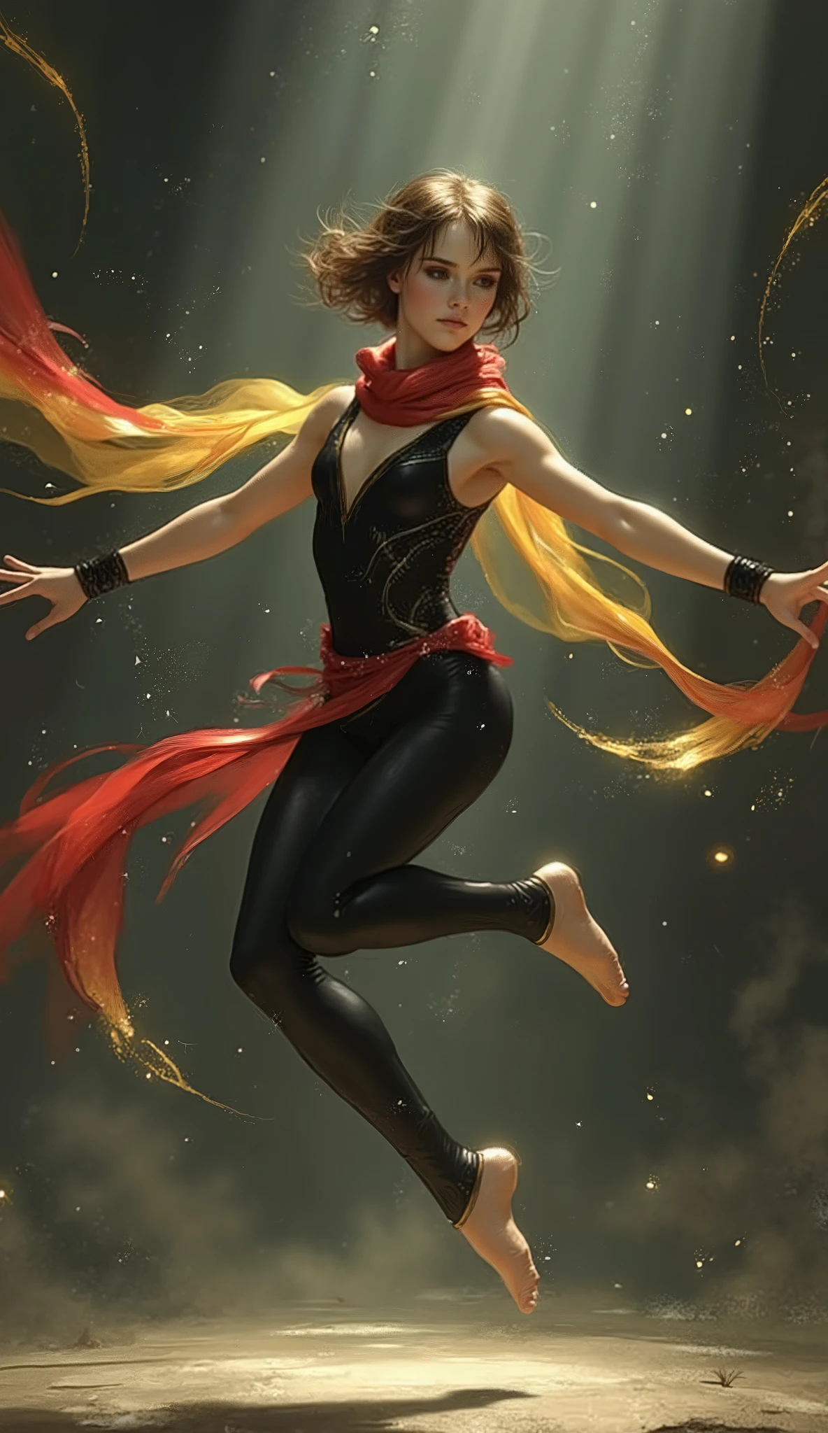 masterpiece, best quality, 8k, ultra-detailed, professional digital painting, fantasy surrealism. A beautiful young girl with short brown hair and delicate facial features, focused gaze, determined expression, flawless porcelain skin with a subtle glow, petite gymnast body. She is captured mid-leap in a graceful dance pose on a mysterious, dimly lit stage. Wearing a fantasy realism gymnastics leotard with a long flowing trailing hem and matching leggings, primarily black with red and yellow accents. An ethereal, flowing scarf with a red and yellow gradient drapes around her neck. Ethereal trails of light and glowing particles swirl around her, creating ribbons of light with her movement. Cinematic, dramatic lighting, volumetric light. Anatomically correct, perfect hands, five fingers. Art by Yoshitaka Amano and James Jean.