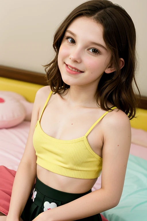(Yellow short haircut)), adorable, 1 girl, (face to face), 10 years old, baby face, happy, half body portrait, (face details: 1), (eye details: 1), ((tiny breasts)). ((wearing lingerie)) ((Shortpants)), ((croptank))