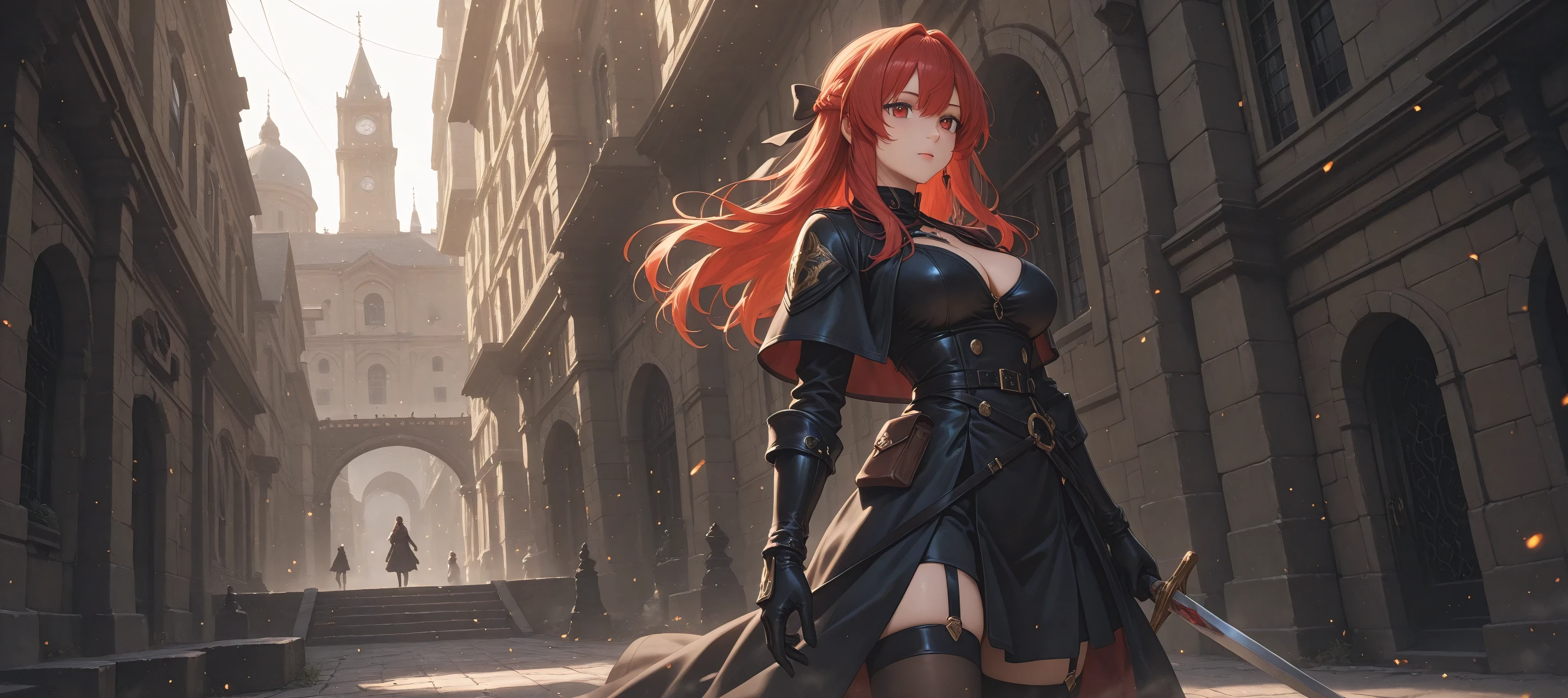 (masterpiece, highest quality,8K quality) adult woman, married woman, red long hair,red long skirt, black high long boots, wife, Wearing black mage robes, The 50-year-old queen looks away from the side, detailed face, fine eyes, 暗赤colorの目, thin droopy eyes, {{{narrow eyes}}}, Long contour, action movie, cute smile, {{{Drive through a steampunk steel factory}}}, straight bangs, great writing background, fantasy background,magic of electricity and smoke, long red hair ponytail, gothic, big breasts, portrait from the knees up, color, cinematic lighting, highly detailed face, detailed face, beautiful face, beautiful eyes, perfect lighting,parted bangs, written boundary depth, realistic proportions, excellent anatomy,makeup gremory, small details. front of girl,destiny style, Trending on Art Station pixiv, Seductive Anime Woman, video game, A soft smile with a closed mouth, Beautiful woman,{{{Do Parkour}}}, A squishy smile,