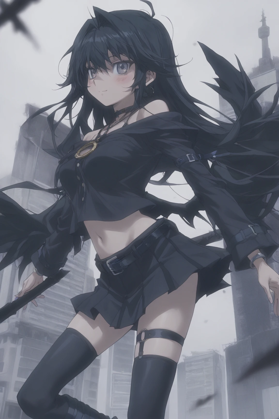 (dark hair,short black hair),(golden eyes),(swimsuit),(ink black longsword),(ravens),(high contrast,monochrome,black and white),(mystery,ominous),(stormy atmosphere,thunderstorm),(dramatic lighting),(detailed textures),(dynamic pose),(dark background)