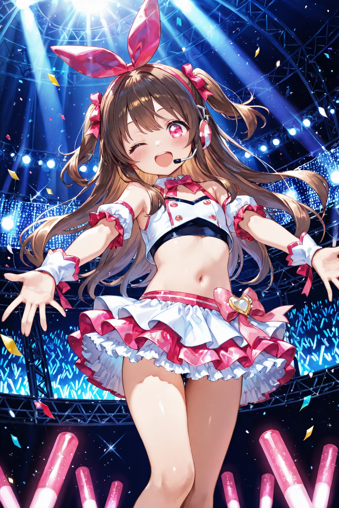 THE IDOLM@STER,idol costume,Photo session with fans,Idol Posing,,2girl,small breasts,anime style,highest quality,stage,mini skirt,white underwear,Jumping high,Smile cheerfully,random pose,She's kicking high and her underwear is showing