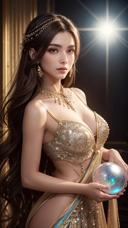 A girl in a rather gorgeous gold lace dress, the dress was embroidered with burning lotus flowers, and the goose-yellow cloak with intricate cloud patterns, she was only sixteen or seventeen years old, such a gorgeous dress, set off by a delicate and pretty face, On the contrary, it reveals a kind of incomprehensible romance, gigantic cleavage breasts, lotus flower tattoo on her breasts,