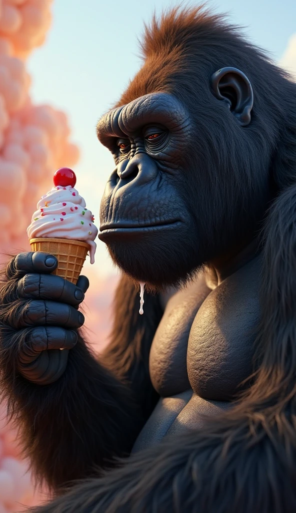 Monkey with the Eiffel Tower in the background Gorilla sucking colorful ice cream
