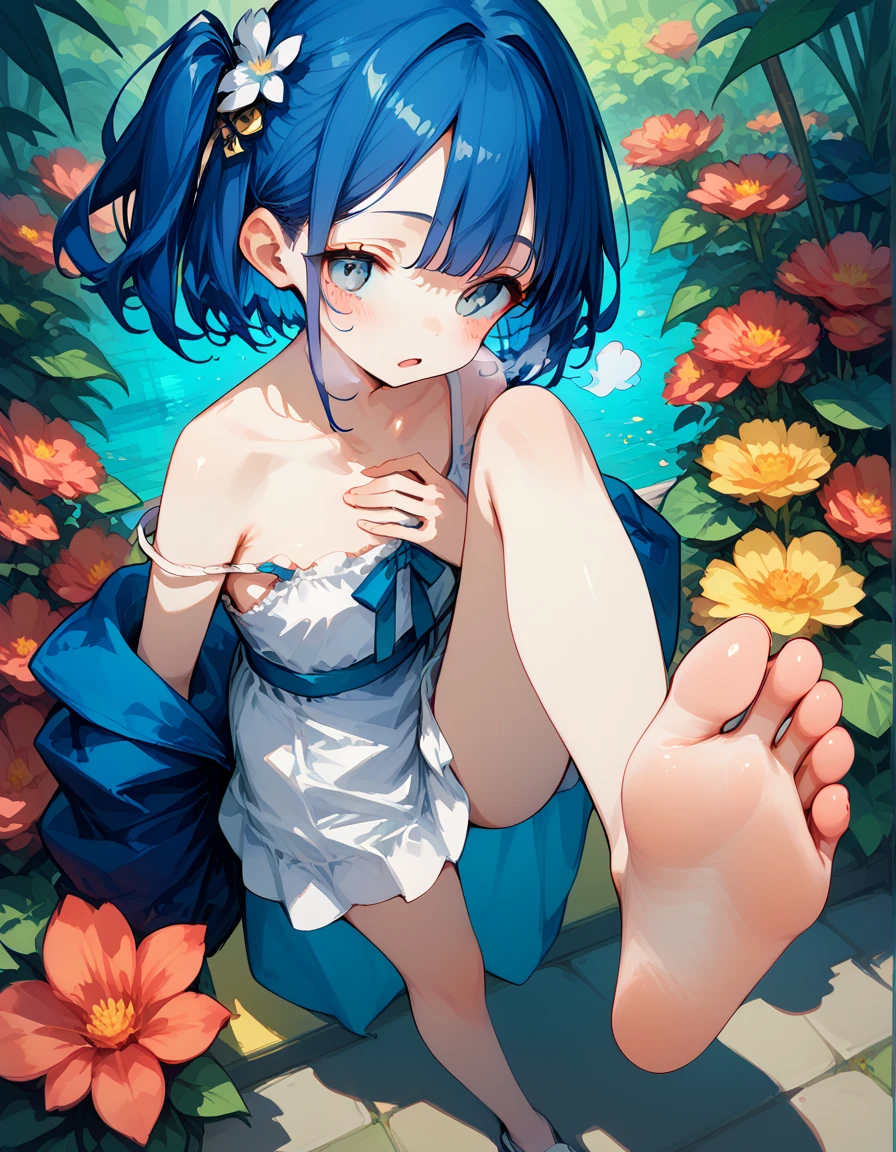 solo, 1girl, smile, looking down, medium breasts, foot focus, foreshortening, soles, bare legs, spread legs, light blue hair, medium hair, brown eyes, Philodendron \(flower\), floral background <lora:K-Rha_style_v01.10.01:1>