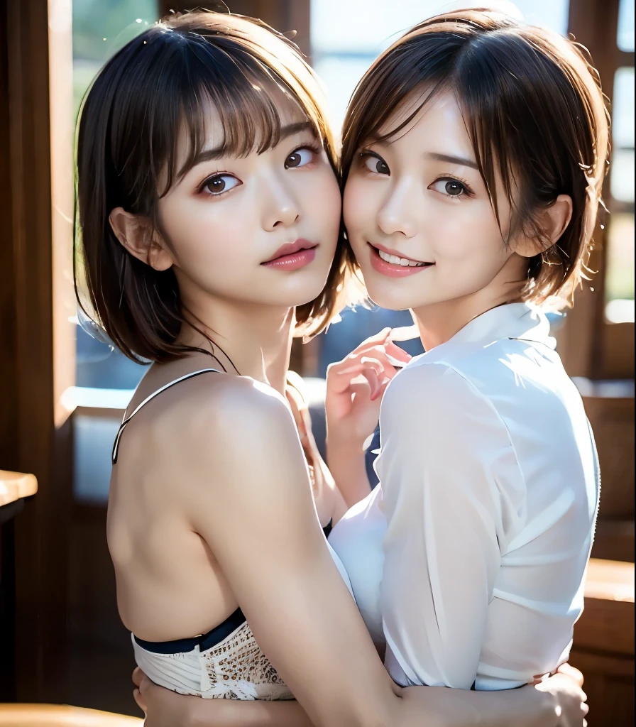 pieces fly, highest quality, ((highest quality、8K、masterpiece:1.3))、ultra high resolution、Physically based rendering、(realistic:1.37)、完璧な体の美しいtwo women:1.4、slim abdomen:1.2、Highly detailed face and skin texture、 red cheeks、white skin、thin waist,thin legs、highest quality,Super detailed,masterpiece,very beautiful 12 year old girl, (cute:1.2),perfect shiny skin,perfect skin,((Accurate hand without discomfort)), (brown hair),(short bob hair),(((lower body nude)))、((Long-sleeved white knit sweater with a slit at the chest))、((big breasts))、smile、((Valley overlooking the waterfall))、(((No panties)))、(((I can see pubic hair)))、(((two women)))