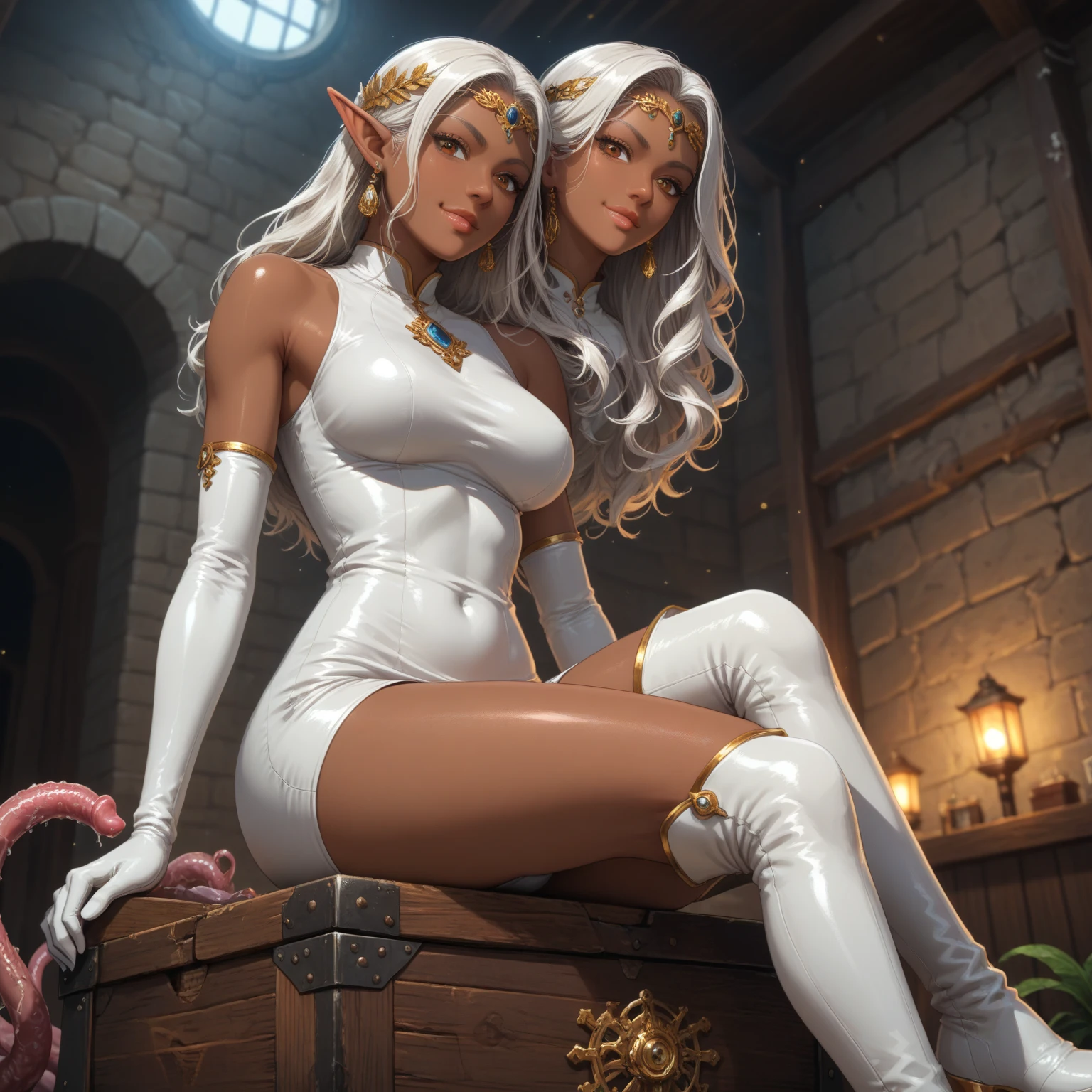 an elf girl, black skin, shiny blue eyes, sad, beautiful, sitting in a tavern, medieval era,