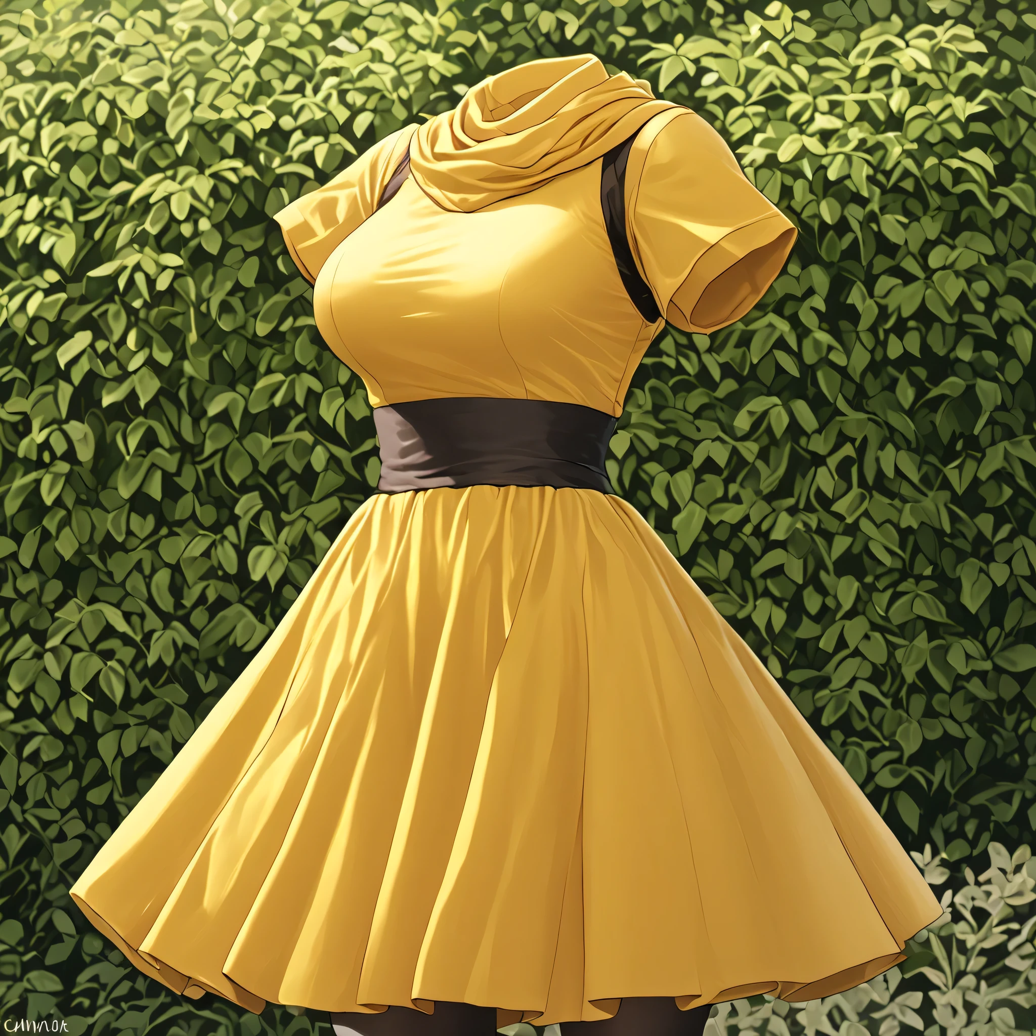cape, dress, gloves, pantyhose, yellow dress, scarf, short sleeves, in garden, fighting pose, (invisible:1.5, no humans:1.5, headless:1.5, faceless:1.5), cute big huge breasts, detailed cloth texture, extremely details, close-up to breasts, (Best-quality, Masterpiece, Ultra-High-Resolution