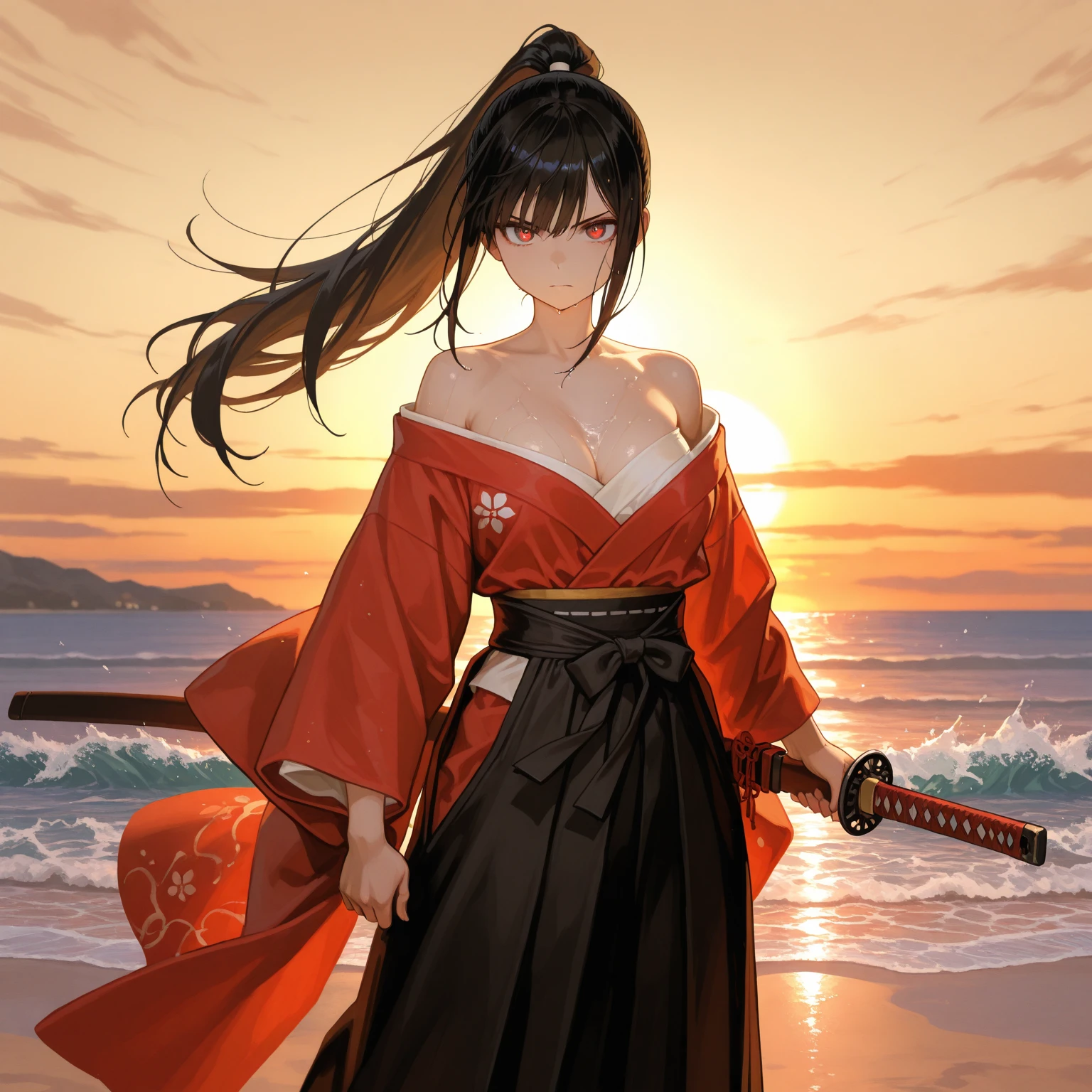 anime,beautiful,girl,samurai、knife、Hakama with slits、Slightly larger breasts、Sunset、Unbuttoned