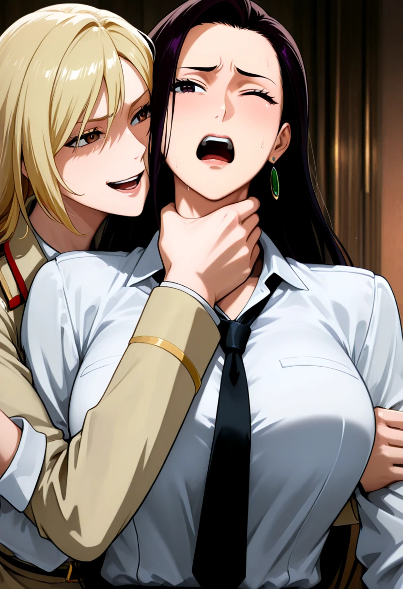 Nsfw, futanari penetrating female from behind, nude,(((1girl,1futa,sex from behind, imminent vaginal ))),(((ripped panties, ripped bra))),Nsfw, sex, sensual scene,(((chain binding body:1.5))),(arms behind back return:1.3),(sensual expression), restrained things ,restrained by chains, tightly shackled and confined ,collar around throat, highest quality, High resolution, long hair, blue eyes, blonde hair, (large breasts:1.2), huge breasts, exposed breasts, exposed genitalia, BREAK skirt, thighs highs, black stockings, Looking at the viewer, aim at the enemy, sensual scene, NSFW,