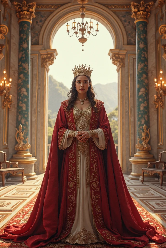 Q is for Queen, in a royal gown:
"A regal queen in a flowing royal gown with a crown on her head, standing in a grand palace with ornate decorations."
