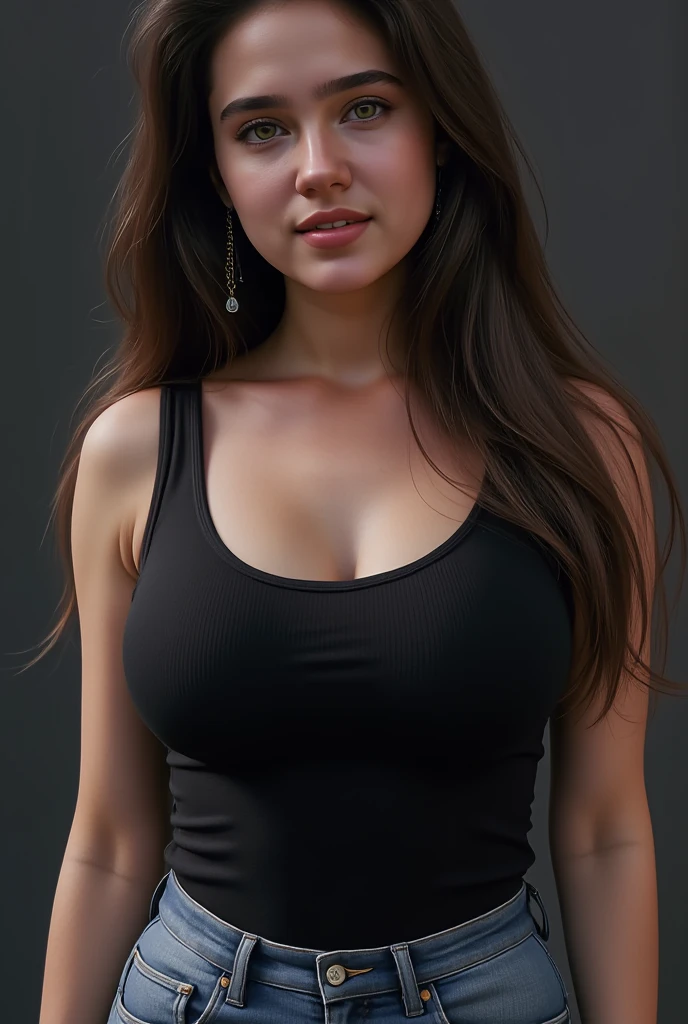 photography of a stunning girl, in the city, wearing a black top, enjoying, girl, summer, hot girl, (((very heavy bust))), brunette hair, long_hair, looks into the camera, symmetrical face, photorealistic, photography, spectacular lighting,, gorgeous, cleavage, western, (masterpice), best quality, high resolution, extremely detailed, skin with pores, blurred background, depth of field, cinematic lighting