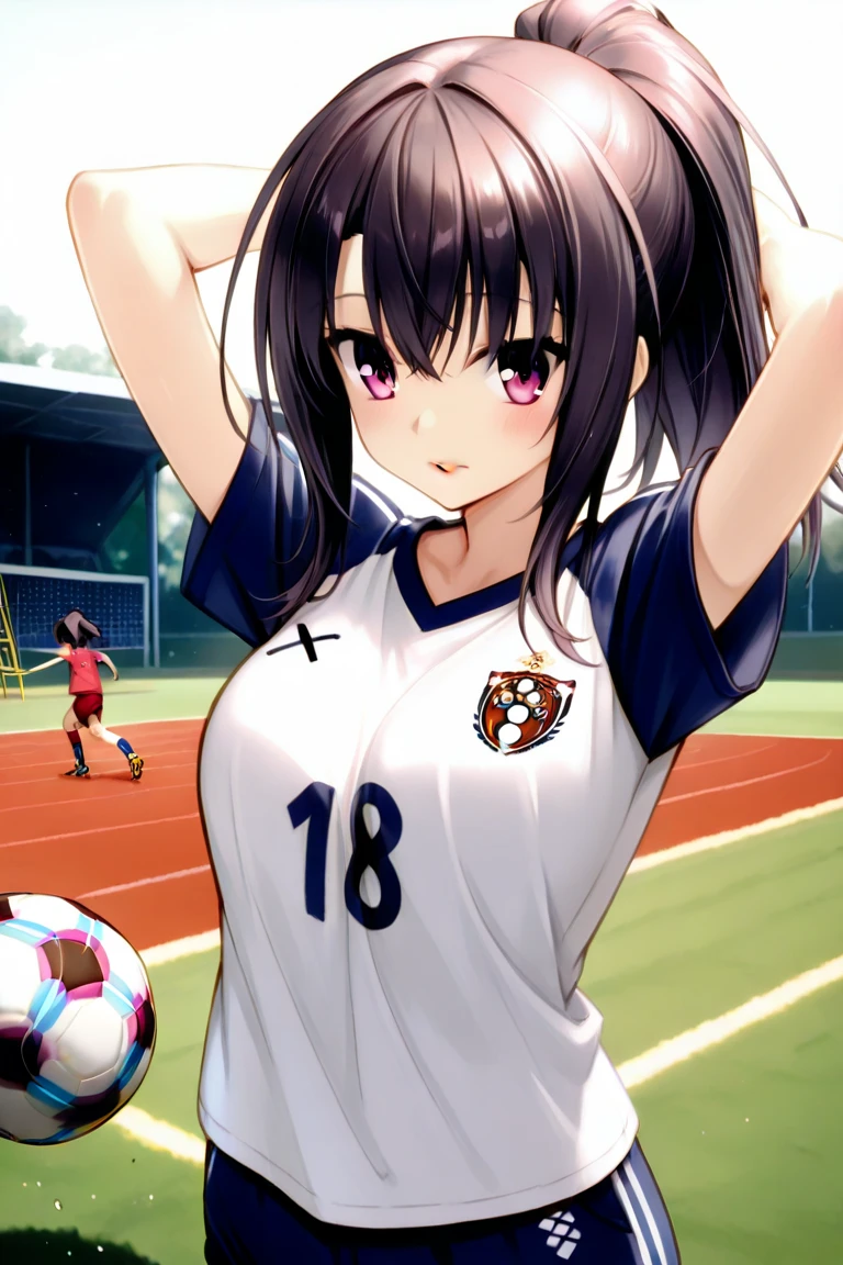 anime women's soccer、1 female player、lift with your head on the spot、place the ball on your forehead、Looking at the ball、watching the ball、 breaks natural pink lips 、kind eyes、dark haired、ponytail、arms down 、put it on your body up to your elbow、Open your arms、red soccer t-shirt、shorts、shortsは白い地でサイドに紺の2本ライン、pink spikes、school、Dirt playground、soccer ground、Highest image quality、8th life、Small head、small face