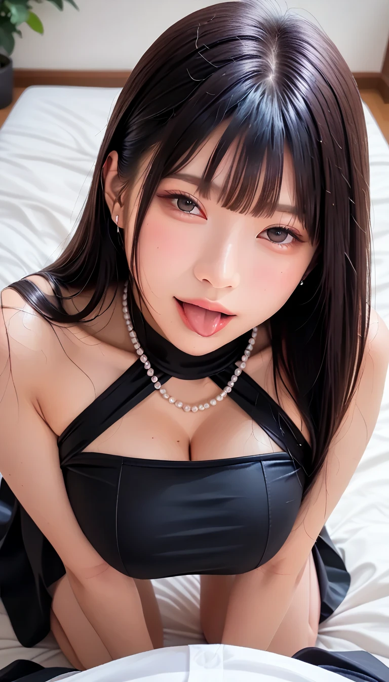 bob hair,black gloves,laughter,Non-NSWF,Hancock,black hair,wavy hair,A masterpiece of the highest quality, 1 girl, alone, looking at the viewer, belly button,Super huge breasts,とてもbig breasts,Super huge , cleavage of the breast, blush ,1 girl, big breasts, cleavage, facing the audience, very big, (big valley), (large sagging breasts), at the hotel, sexy, glamorous, wet body ,