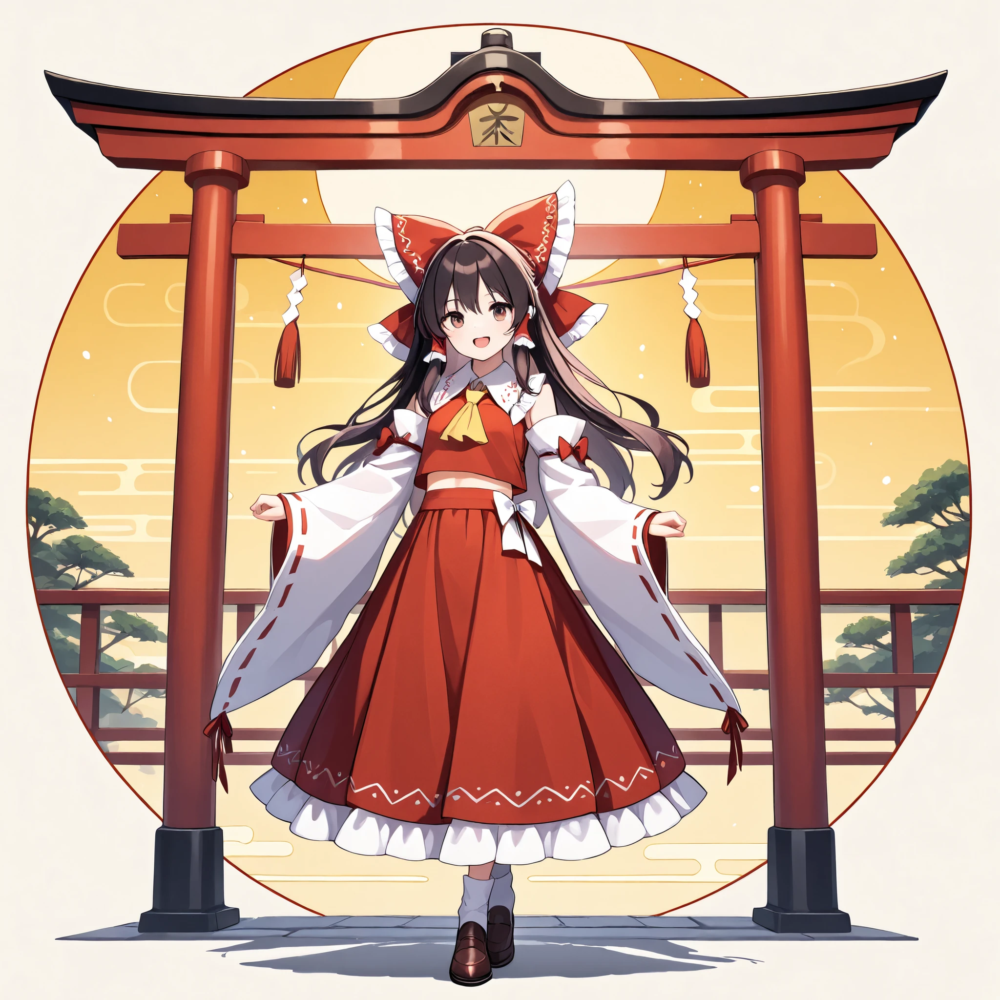 (masterpiece, best quality), (absurdres absolutely resolution), (8k), (detailed eyes:1.3), (beautiful eyes:1.3), (detailed illustration), (super fine illustration), (vibrant colors), 8k, high res, (1girl, full body, hakurei reimu, black hair, long hair, brown eyes, smile, open mouth, hair red bow, hair red tube, red tops, yellow ascot, white collar, white detachable sleeves, red skirt, standing.The background is white