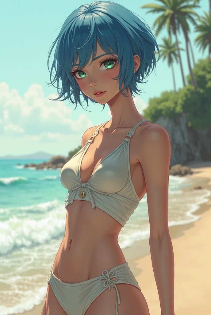 uma garota, sozinha, azul_Hair, multicolorido_Hair, Bandaid_em_rosto, Bandaid_em_nariz, dois teme_Hair, blemde_Destaques, Caudas duplas,_Luvas, olho castanho, umbigo, franja, tatuagem, preto_Luva, Dois_lado_em cima, de pele escura_female, Barefoo, sozinho, cabelo curto, cabelo loiro, cabelo azul, pele escura, cabelo de dois tems, dark skinned female, Bandaid, rabo de cavalo curto, Bandaid no rosto, Bandaid no nariz, na praia, 夏天, sol, cold water, black sunglasses, masutepiece, melhor qualidade, ultra-high resolution, super detalhado, alto contraste, beautiful lighting, profundidade de campos, cabelos azuis, Cabelo verde:1.5), Shortikini, denim short pants, medium breasts, pele exposta, pele molhada, (mar), ((raised arms)), perfect hand, highly detailed