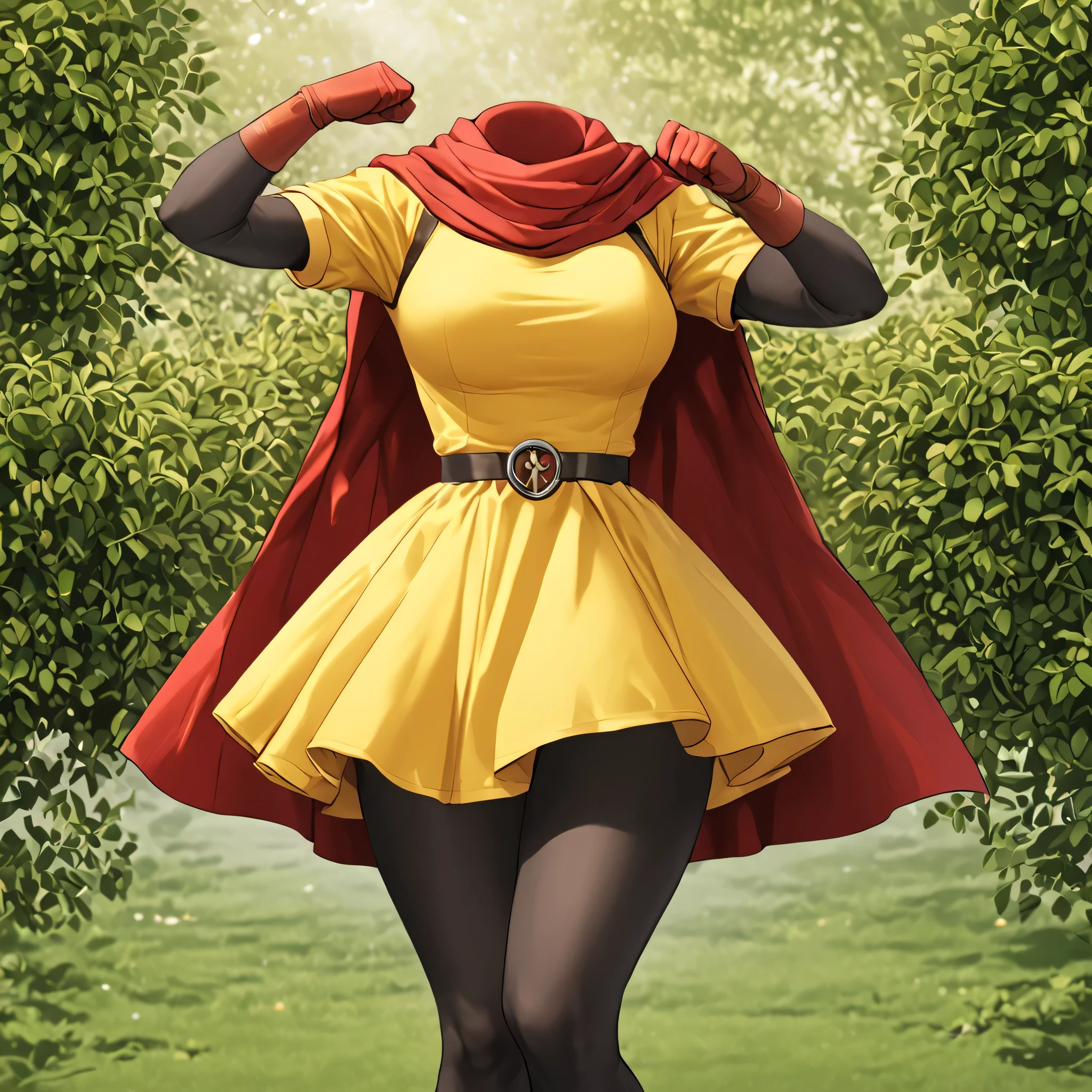 cape, dress, gloves, pantyhose, yellow dress, scarf, short sleeves, in garden, fighting pose, (invisible:1.5, no humans:1.5, headless:1.5, faceless:1.5), cute big huge breasts, detailed cloth texture, extremely details, close-up to breasts, (Best-quality, Masterpiece, Ultra-High-Resolution