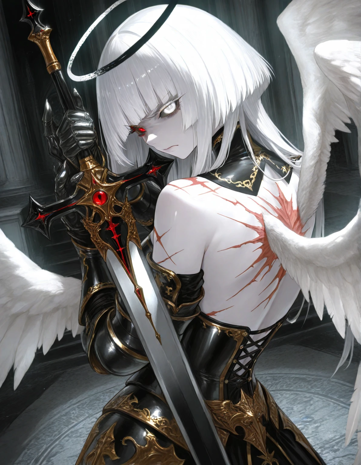  ((best quality)), ((masterpiece)), (detailed), 1girl, Character design, female, dynamic poses, long white grey hair, grey white eyes, very skinny, detailed, best quality, no accesoires around the neck, no shoes, prominent collarbones, skinny arms, flat stomach, visible hip bones, full body, blank white background, plain background, white background, red and white clothing, Bloodborne inspired, occult aesthetic, occult, detailed and intricate steampunk and detailed gothic, NSFW, Very dramatic and cinematic lighting, cosmic horror, grim-dark, side-lighting, perfect face, NSFW, Fluttering lace flared long knee length dress with frilly petticoats, knee length dress, pleated petticoats, petticoats gothic, complex lace boots, side-lighting, gothic aesthetic, wielding a mighty sword with mechanical components, mandalas, small breasts, a fairy, various different types of insect wings, NSFW, full body, whole body, body, plain background, white background, blank background, no background, white background NSFW, chains, full body, whole body, head-to-toe NSFW 