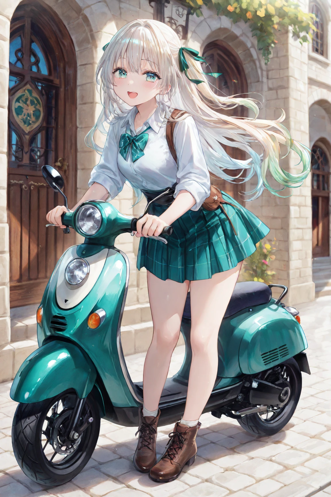 elf cute anime girl riding a bicycle, miniskirt, white panties,
