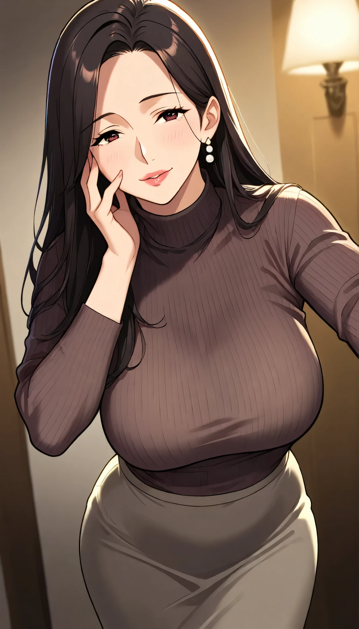 Mother, Mature Woman, mature woman, Perfectly finished, Perfect Lighting,dark haired、straight hair、low with your right hand in front of your face、sexy女性, high neck long sleeve white rib knit tee(loose)、long maxi skirt, sexy, has,