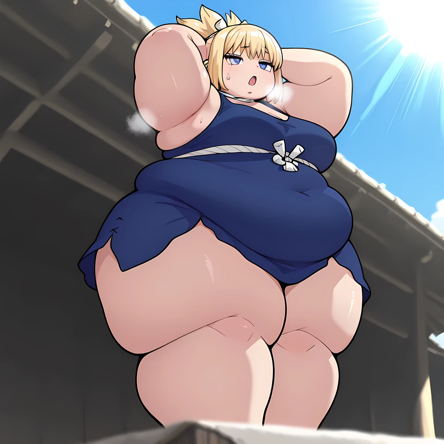 1girl, top heavy figure, (((incredibly big chest))), ((saggy chest)), plump, incredibly plump, ((big belly)), (((big tits))), pout, embarassed, wide, (((obese))), (((fat))), ((love handles)), double chin, out of shape, obese, fatty, tall woman, big bossom, ((milf)), big height, mature, standing, full body, bbw, ssbbw, kazama iroha, blonde hair, short hair, bow, pony tail, white kimono, skirt, sandals