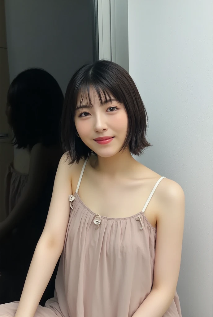 (highest quality、8k、32k、masterpiece、Hmph:1.2)、Photo of beautiful Japan woman in her 30s、very short hair、short hair、Shortcuts、Upper Body、necklace、Shooting from the sky、Don'Don't look at the camera、(Realistic、Photorealistic:1.37)、1 girl、Photographed in natural light、Physically Based Rendering、Excellent image quality、High resolution、1080p、(Detailed facial depiction)、(Detailed description of the hands)、(Detailed CG)、Rich details、(exquisite features)、(Best image quality)、(masterpiece)、(Beautiful Eyes)、Delicate clavicle、Various poses、profile、White wall、Taken in front of a white door、(窓のあるWhite wallの部屋)、Earrings、Laughter、Spring Clothes、((Long sleeve dress))、Look Down、Downward