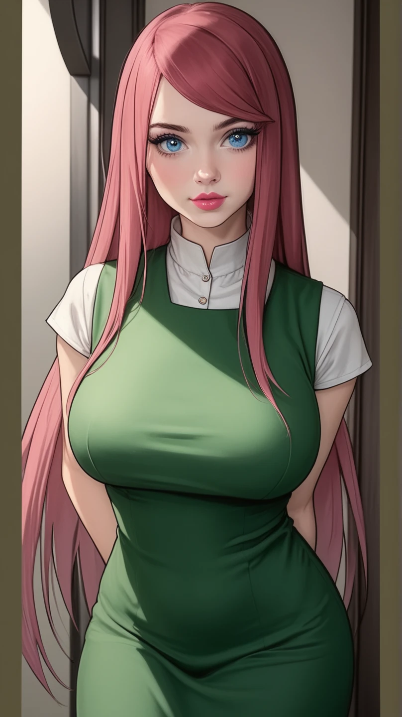 1womanl, pink hair, ((extra long hair)), shaved hair, breasts big, voluminous breasts, Long-sleeve shirt, long pants, greeneyes, (detailedeyes), high resolution, Very Detail, 8k, (perfect hands), (Extra detailed face), pose sexy, extra detailed body, extra long hair, shaved hair, General plan