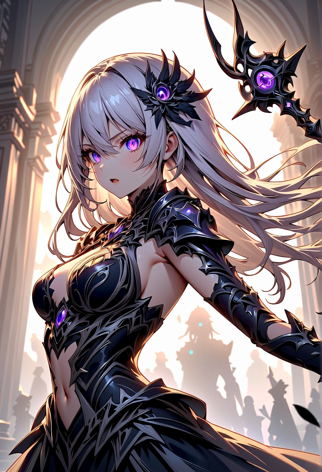 Silver skin, silver moon, ancient elf, rare, cursed maiden, celestial armor, beautiful girl, long icy hair, violet glowing eyes, silver skin, palace ruins,