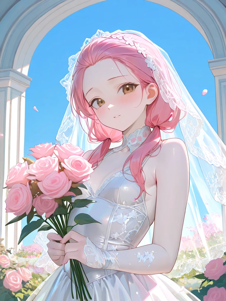 sakura haruno, ((standing alone)), standing alone, bride, Usando um lingerie de bride  branco, Queen, glad, ((forehead to show)), standing, entering the church, pink  hair, shorth hair, Youngh, shorth hair, (flowers around you), blush, looking ahead at viewer 