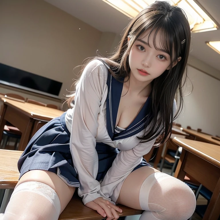 1girl in、(Super beautiful)、(beauitful face:1.2)、(Clear pubic contour),(spread their legs)、(tied up with rope:1.4)、Classroom chairs、High School Uniforms、Dark blue pleated skirt、white panties、(At SFW:1.1)