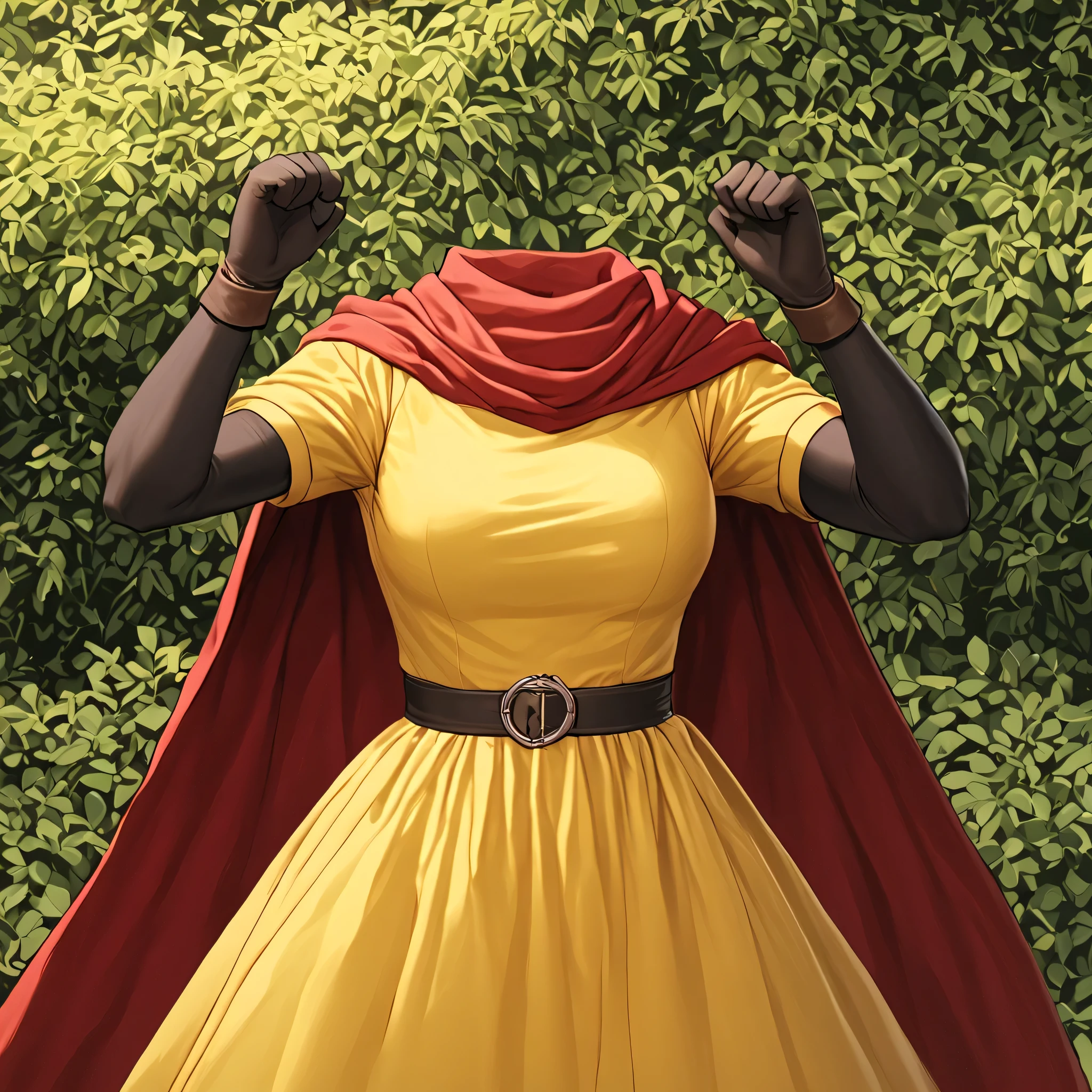 cape, dress, gloves, pantyhose, yellow dress, scarf, short sleeves, in garden, fighting pose, (invisible:1.5, no humans:1.5, headless:1.5, faceless:1.5), cute big huge breasts, detailed cloth texture, extremely details, close-up to breasts, (Best-quality, Masterpiece, Ultra-High-Resolution
