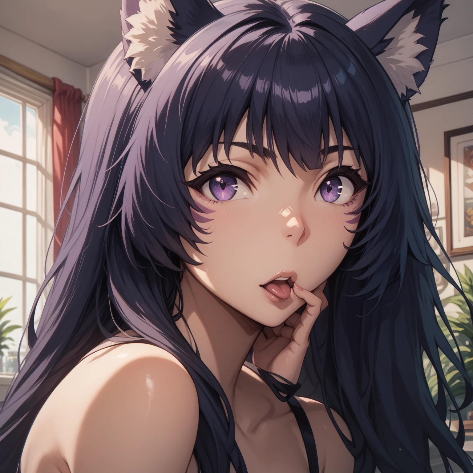 ((top quality, 8k, masterpiece: 1.3, ultra hd, high quality, best quality, high definition, realism)), sharp focus: 1.5, Beautiful girl foxgirl, D cup breasts, purple hair, masterpiece , red eyes, hd, close up view, kisses, nibbles, leaning to viewer
