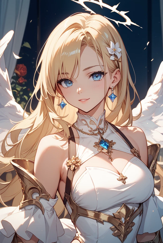 woman with long, light blonde hair and cute, shy rose in her hair. She is wearing a scarlet outfit with wings and adorned with amber jewels. Her blue eyes are captivating. High quality and high resolution result in stunningly beautiful images. The overall aesthetic is delicate and enhanced with floral petals, fantasy