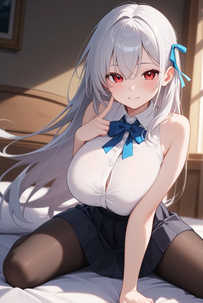 covr, disheveled hair, Bare arms, bathing, indoor, wearing necktie, bent over, white hair, naughty face, excited, wearing chemise, adult lady like woman, tongue, spread arms, aqua eyes, female, yokozuwari, nose blush