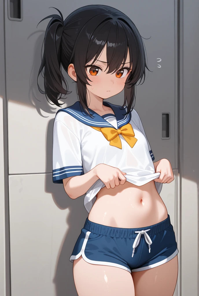 nsfw,alone, (One girl), single, , ((White panties)), (wearing only the top half of sailor school uniform), Sailor with un-folded hems, sexy, (Cowboy Shot), ((Put your arms behind your head)), classroom, With a girl:Her hair is long and black, Her face is round and cute。It's below the knee。The shoes are black loafers。The girl had a surprised look on her face, Joy and emotion.、With eyes wide open, Open your mouth, Tears were reddening her cheeks, The cheeks and hands are drawn large., Black Hair, Low twin tails, (Are standing),(Shy, Embarrassing),((From below:1.2,Looking down:1.2, Watch with a viewer:1.2))