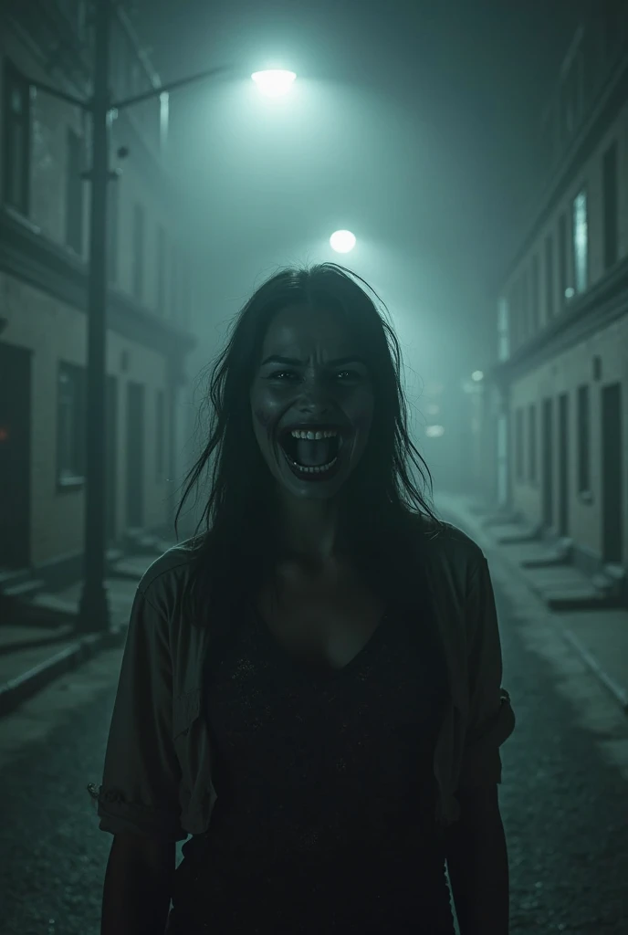 Woman in mask, Mouth split to the ears, Bloody, darkness, Street lamp, rain, Fearful expression, horror film
