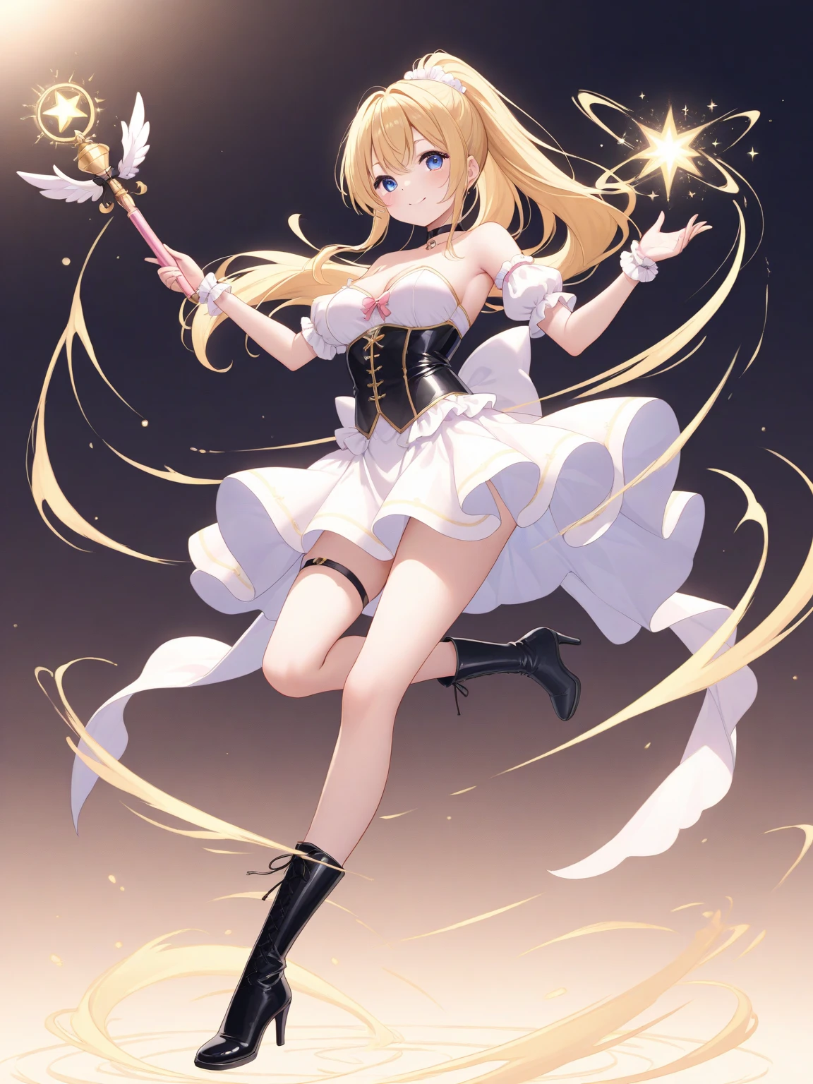 1 girl, solo, princess, dress, frills, high heels, white pantyhose, cleavage, crown, loli, blonde hair, flowers, blue eyes, smiling, full body, looking at viewer, 8k, masterpiece, big breasted, bangs, jewelry, spring, particles, petals, beauty, happy, long hair, skin tight, light blue dress, see through dress, panties, pearl thong,