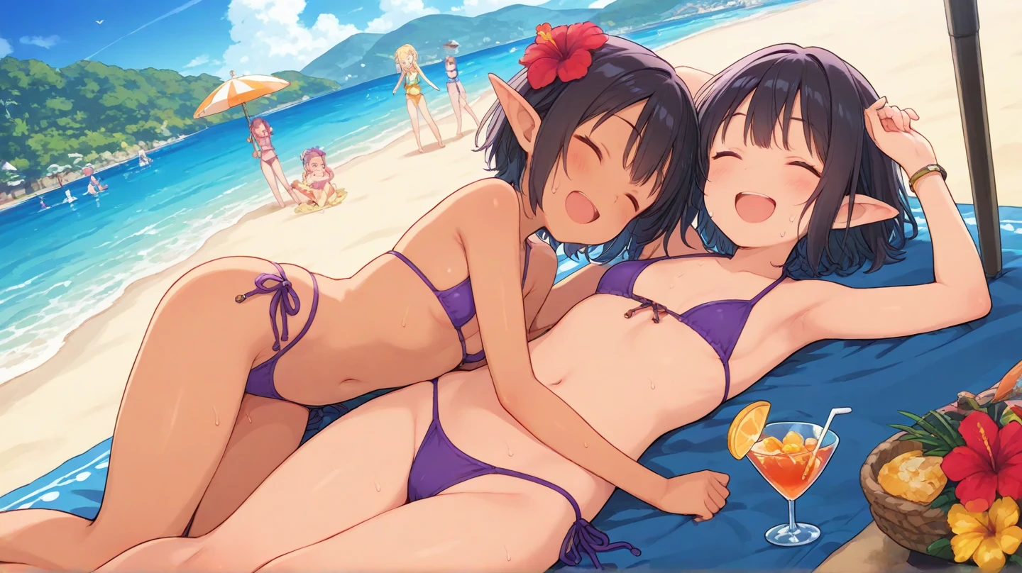 ((Highest quality)), ((masterpiece)), (detailed), A cute elf girl, Beach,Sarong pass,Seductive pose,standing, Legs, stretch Legs, hip, from behind, (Booty pose)