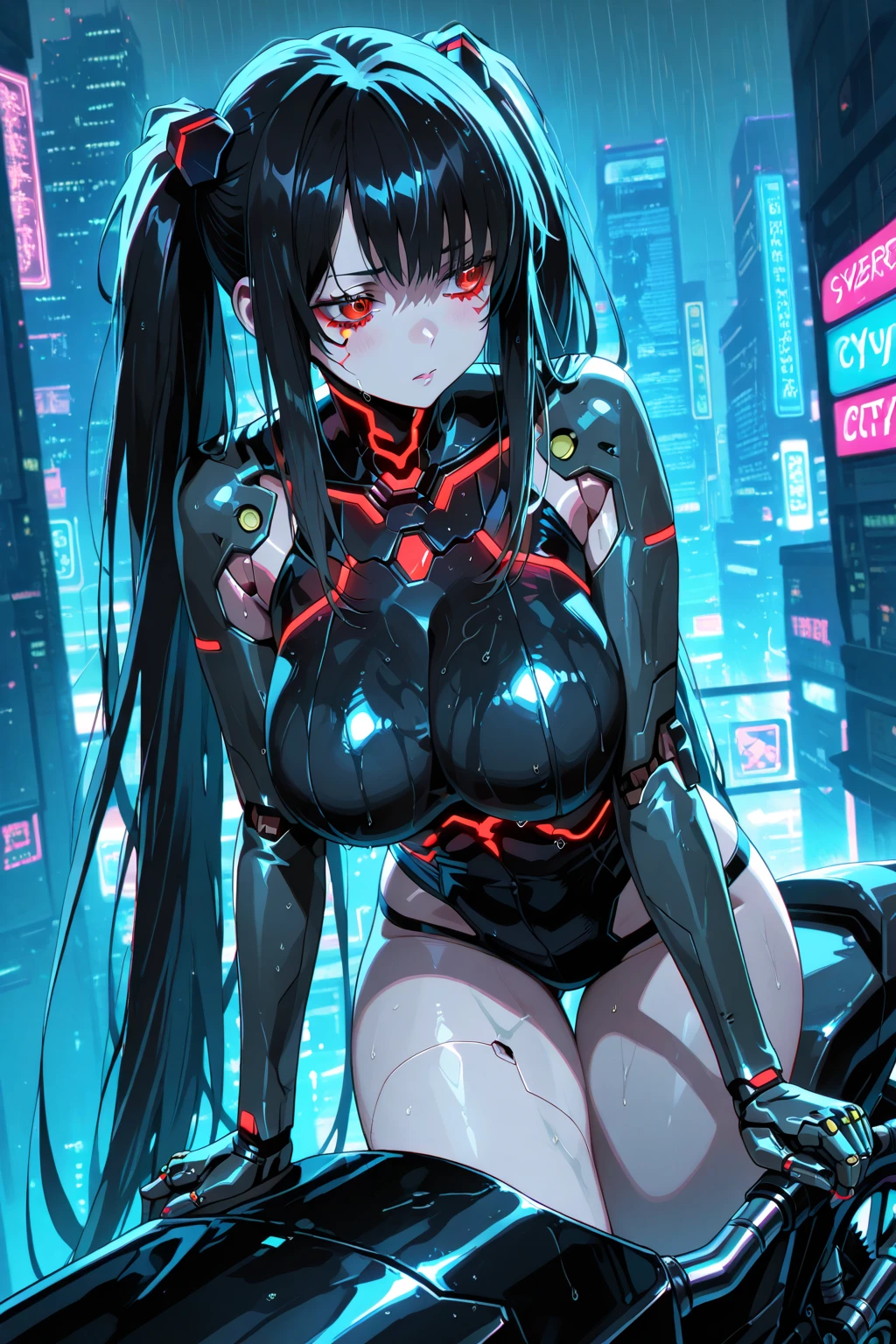 cyberpunk sex slave, asian, long black hair