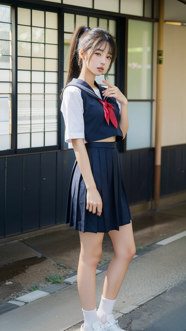 Masterpiece, highest quality, 8k, 18 years old, Japanese girl, slender, raw photo, absurd, award-winning portrait, (detailed face, smile), solo, school uniform, sailor uniform, short sleeve, idol face, super mini Skirt, short socks, thin legs, shoes, (descending the stairs, full body shot from the bottom of the stairs, full body shot from a low angle, detailed face), refreshing smile, slender girl, black hair, dark eyes, full body, digital SLR, Look at the viewer, candid, sophisticated, youthful, perfect whole body balance, (low angle), professional lighting, (eye and face details: 1.0), (bokeh: 1.1)