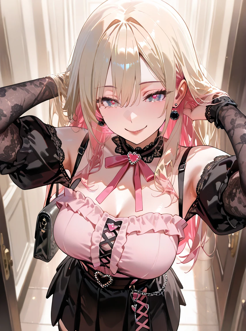 muste piece, 1 female, (((solo))), top quality, high resolution, In 4K, There is a cleavage in the chest, ((Pink goth loli clothes)), medium chest, red eyes, blonde , 珰, smile