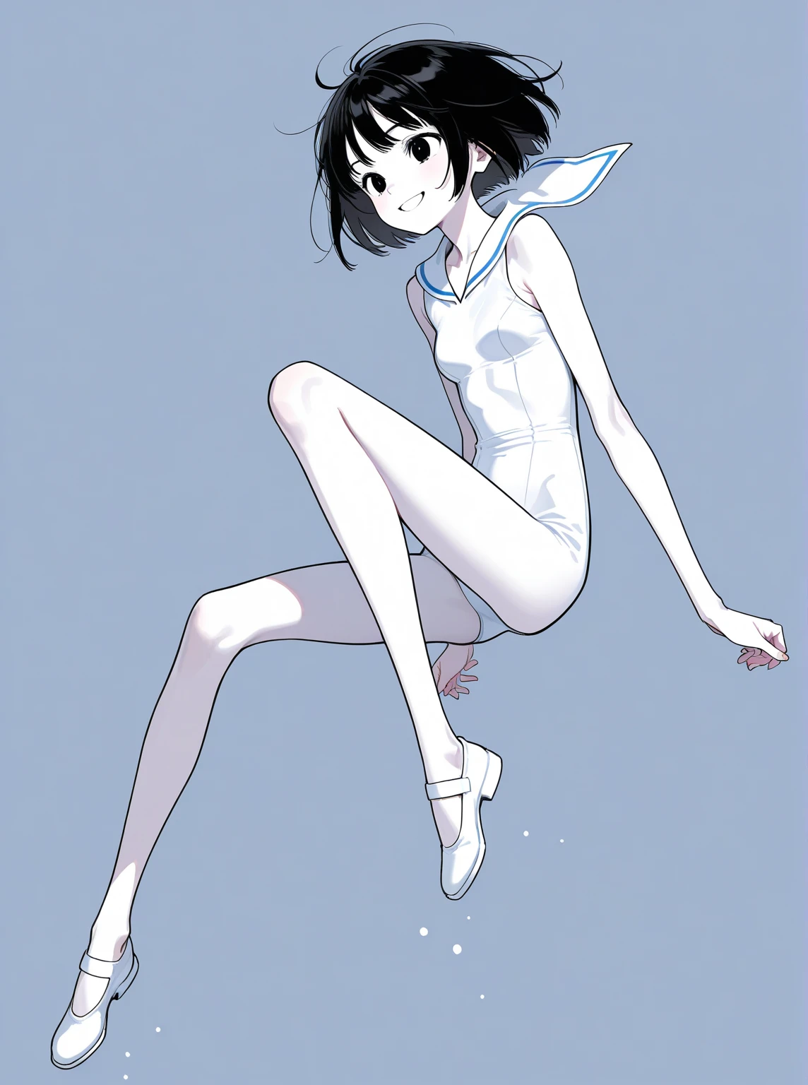 1girl,10s years,solo,smile,blush,black eyes,black hair,long hair,(((hair 2antennas))), nude, detailed nipples, detailed vagina,running,full body,open mouth,grass,blue sky,clouds, short stature, flat chest,
