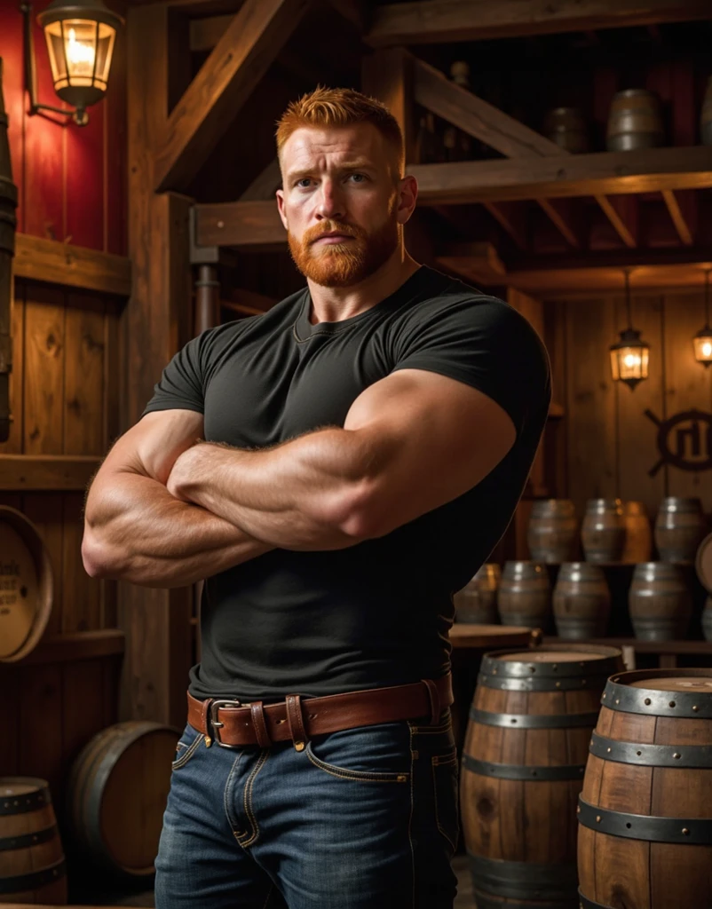 Masterpiece, denoise, void noise, one man, best quality, 8k resolution, male focus, focus only, amazing composition, great lighting, super quality, elegant, Very detailed, (front view), -----------, 35 years old, mature face, (muscular, slim body), handsome, irish, ((detailed light-gray eyes, detailed eyes)), hairy, ((light blonde hair, short straight hair)), (big ears), ((furry, bushy, thick hairy chest)), ((light blonde bushy body hair)), detailed face, (((very pale skin))), (beard, short beard), (((((Russell Tovey))))), --------------, ((((wearing pants and chainmail)))),