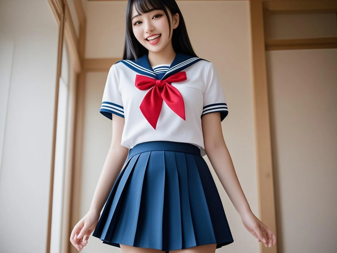 8K, Ultra-high resolution, Highest quality, masterpiece, 三分割法によるphotograph,Surreal, photograph, 1 girl, (16 years old:1.3), pretty girl, Cute face, Beautiful eyes in every detail, 細かくdetailedに,masterpiece,, One Girl:1.2, Japan Female Announcer,whole body、Black Hair、well-groomed eyebrows、Cute Lip Makeup、Calm atmosphere、A short-sleeved shiny dark sailor suit、White sailor collar、Navy blue pleated skirt、Red ribbon、White Stockings、Standing by the window of a classroom、Cute gestures、so beautiful,A carefree smile,Healing the heart,blunt bangs,Looking at the audience、beauty,Long neck、Laugh a little、Please close your mouth and laugh、(((Ideal body type))),A-cup small breasts :2,、Portraiture:2、Perfect Anatomy、鮮明なdetailed、detailed、Surreal、Light and shadow,Strong light
