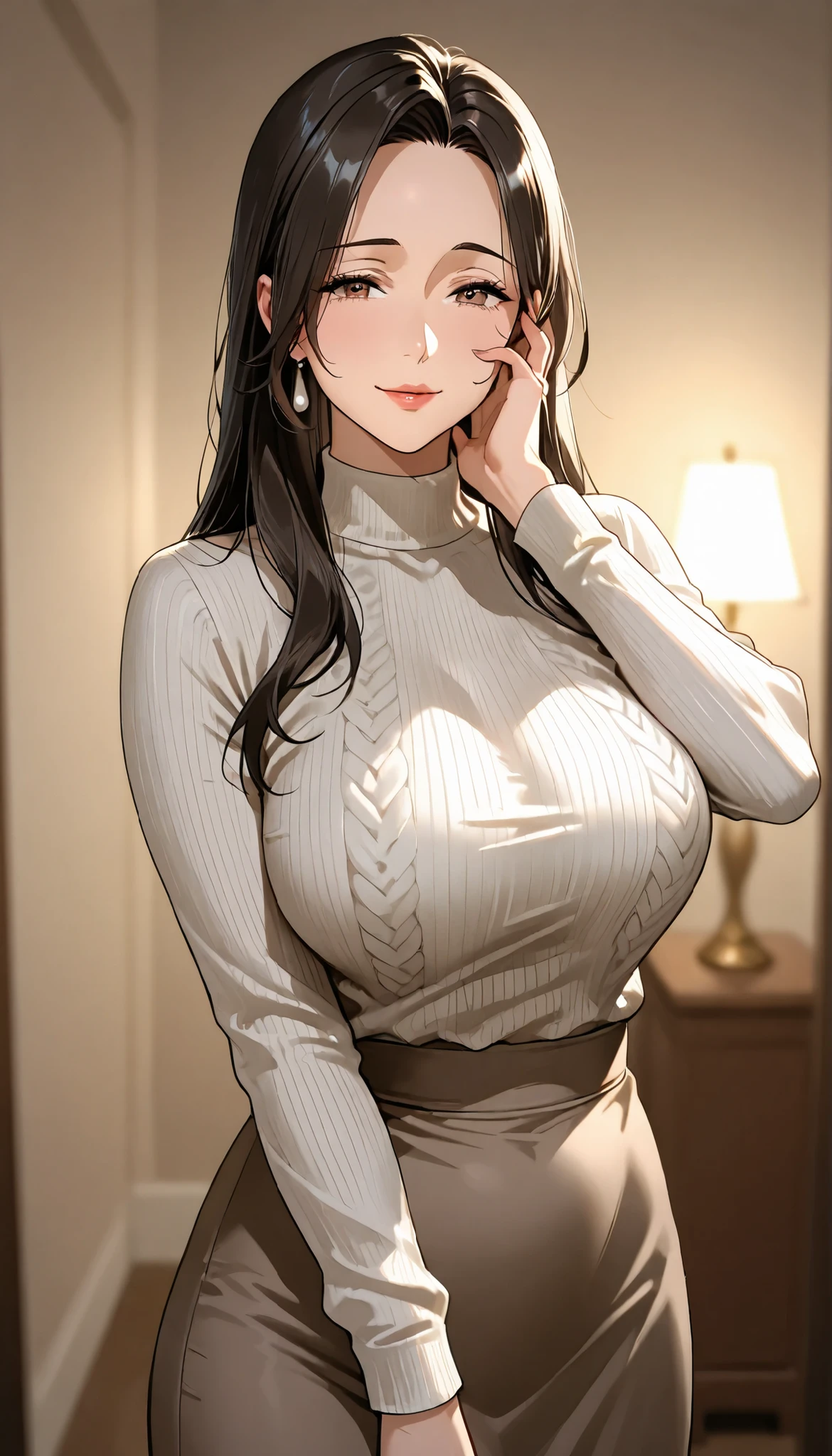 Mother, Mature Woman, mature woman, Perfectly finished, Perfect Lighting,dark haired、straight hair、low with your right hand in front of your face、sexy女性, high neck long sleeve white rib knit tee(loose)、long maxi skirt, sexy, has,