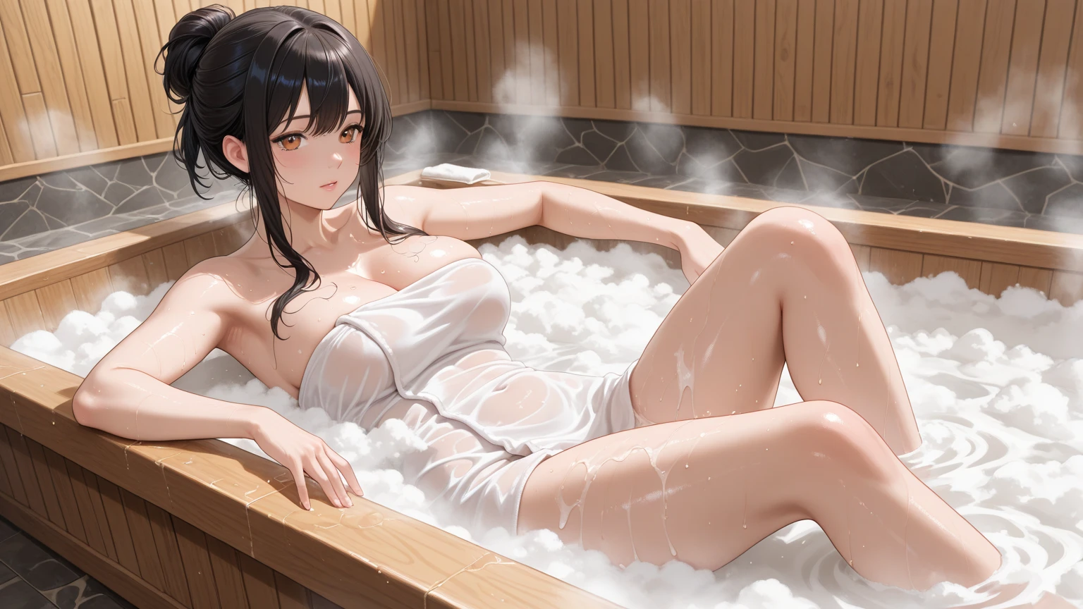 / Brown eyes, long dark hair, / big tits / naked / bubble bath