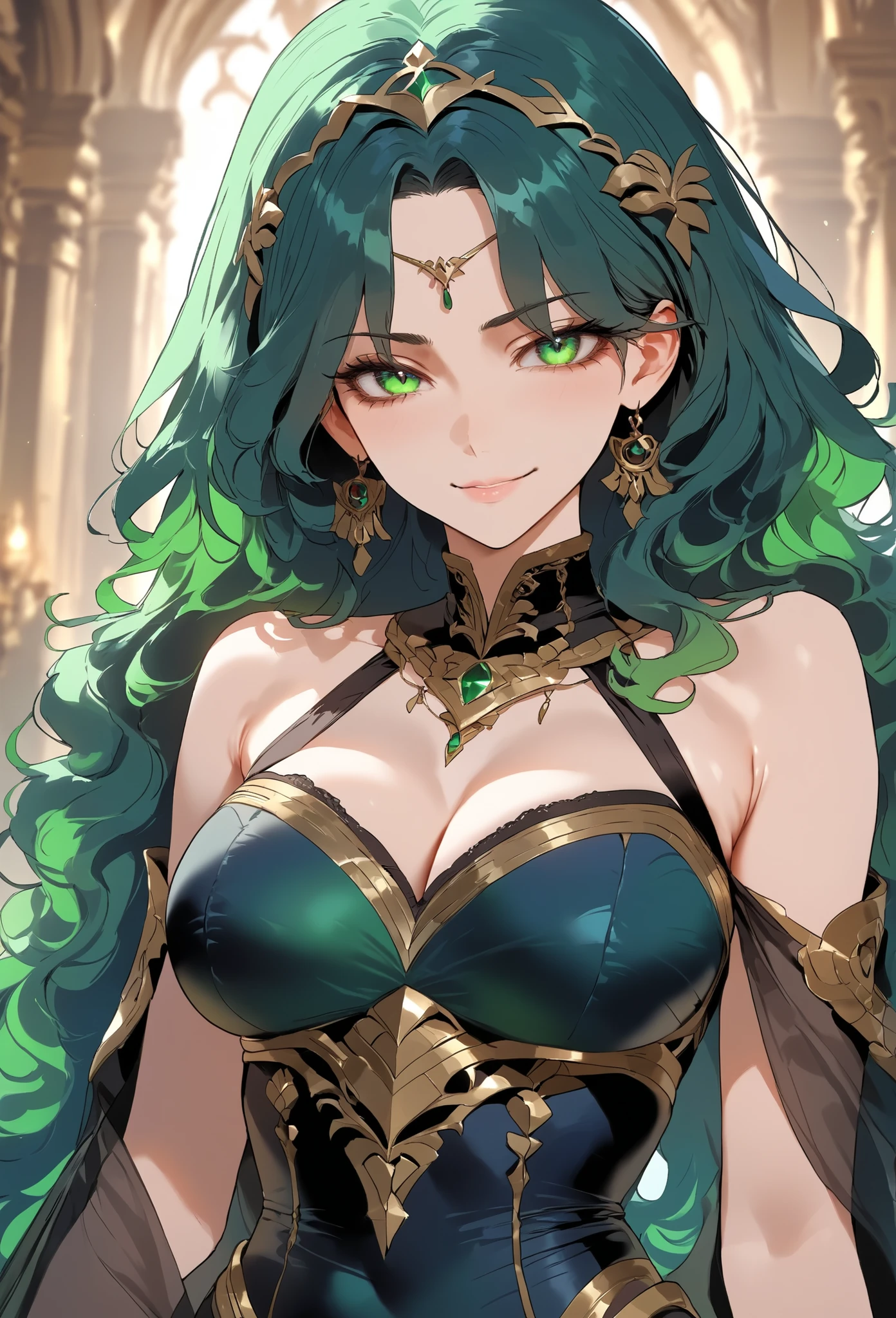 score_9, score_8_up, (masterpiece, top quality, best quality, official art, beautiful and aesthetic:1.2), (8k, best quality, masterpiece:1.2), (((masterpiece))), (((best quality))), (((extremely detailed))), illustration, (masterpiece, top quality, best quality, official art, beautiful and aesthetic:1.2), (8k, best quality, masterpiece:1.2), see-through, source_anime, 1girl, adult, ((green hair)), green hair, ((intimidant look)), ((close-up)), green eyes, black clothes, sexy, dark colors, brillant eyes, ((wavy hair)), perfect hands, ((intimidant look)), good anatomy, ((dark babylon clothes)), emotionless, intimidant, ((beautiful eyes)), close up, ((detailed eyes)), beautiful eyes, ((detailed face)), lying in bed, arrogant smile, detailed face, diadema, full body, nude, huge , full body