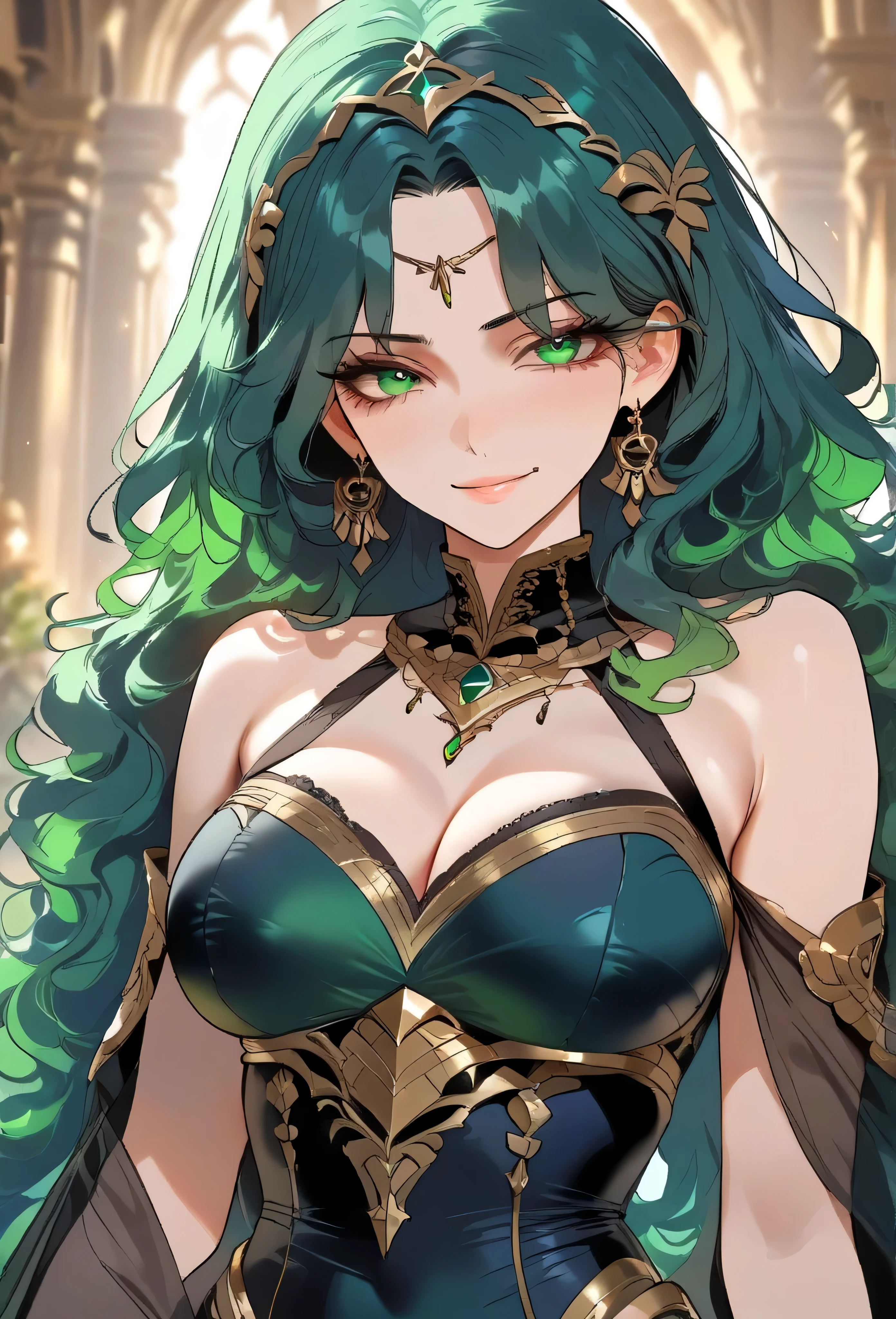 score_9, score_8_up, (masterpiece, top quality, best quality, official art, beautiful and aesthetic:1.2), (8k, best quality, masterpiece:1.2), (((masterpiece))), (((best quality))), (((extremely detailed))), illustration, (masterpiece, top quality, best quality, official art, beautiful and aesthetic:1.2), (8k, best quality, masterpiece:1.2), see-through, source_anime, 1girl, adult, ((green hair)), green hair, ((intimidant look)), ((close-up)), green eyes, black clothes, sexy, dark colors, brillant eyes, ((wavy hair)), perfect hands, ((intimidant look)), good anatomy, ((dark babylon clothes)), emotionless, intimidant, ((beautiful eyes)), close up, ((detailed eyes)), beautiful eyes, ((detailed face)), lying in bed, arrogant smile, detailed face, diadema, full body, nude, huge , full body