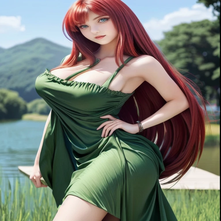 there is a woman sitting on the bed in a green dress, beautiful digital artwork, red haired goddess, cute detailed face, panty reveal, big breast, cleavage, (front focus), (in the dark:1.6), cleavage big breasts:1.2, (mini skirt:1,5) , fantasy art, photo realistic, dynamic lighting, poster, volumetric lighting, very detailed faces, 4 k, award winning, 1girl, (full_body)