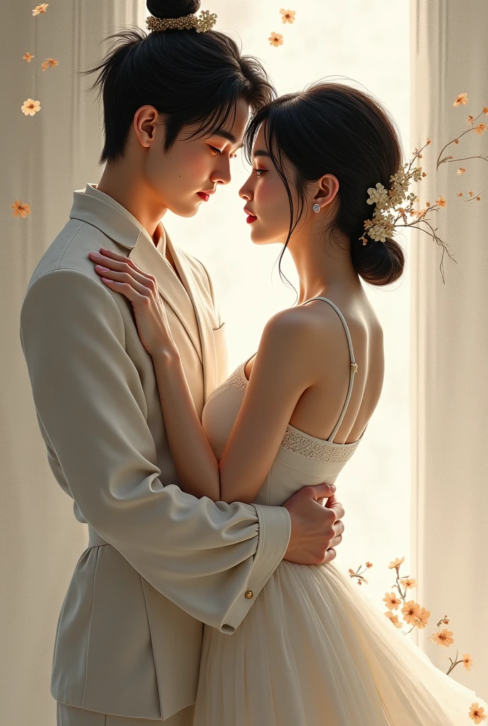 (A couple, beautiful girl and boy), big watery eyes, looking at each other, smiling and wearing white clothes, delicate hair, an ancient Chinese beauty and Handsome guy, wearing ancient Chinese clothing, flowing tulle, light silk,(clean background), ink painting style, clean color, decisive cutting, blank, freehand, masterpiece, super detailed, epic composition, high quality, the highest quality, 4k